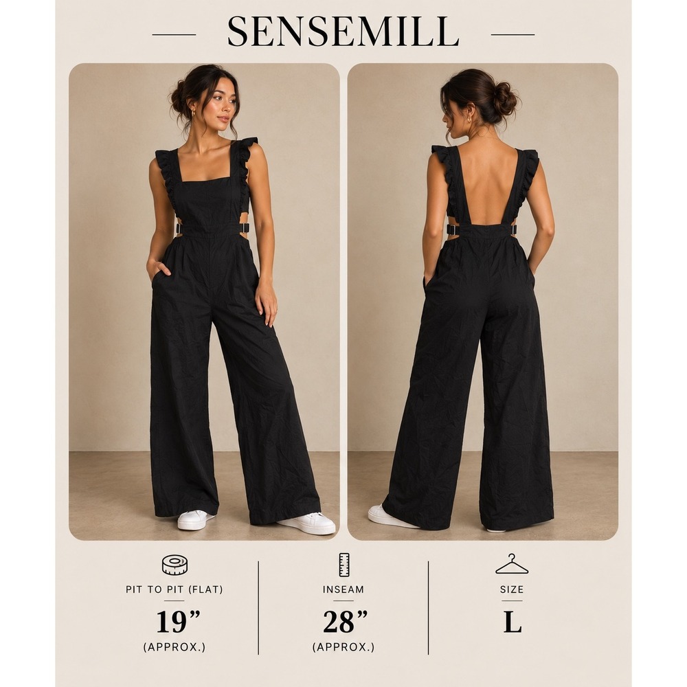Sensemill Black Ruffle Wide Leg Jumpsuit NWT Open Back Size Large